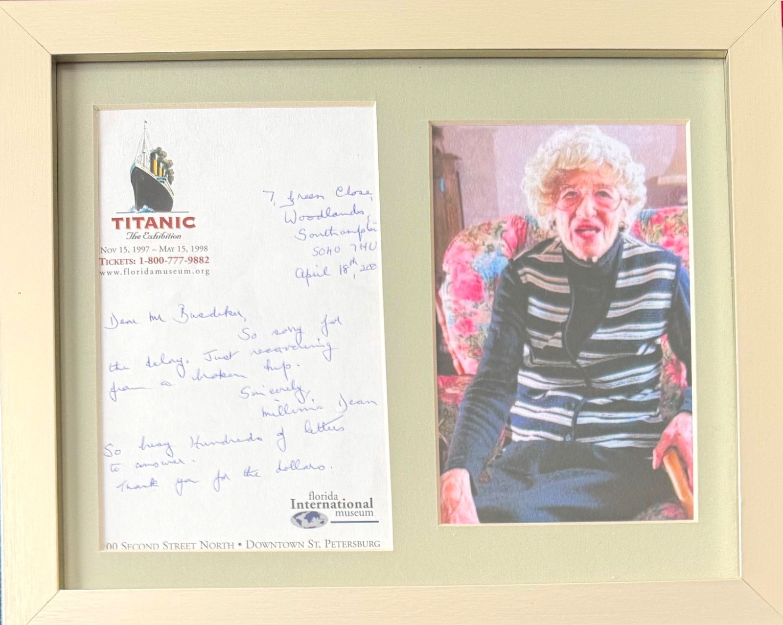 Millvina Dean, Titanic Survivor, Hand Signed Letter Presentation & COA 25cmx20cm