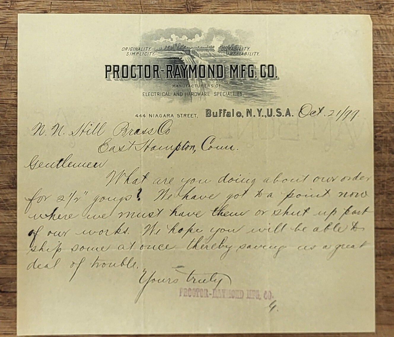 1899 Letterhead East Hampton Ct Buffalo NY Proctor Raymond Mfg Waterfall