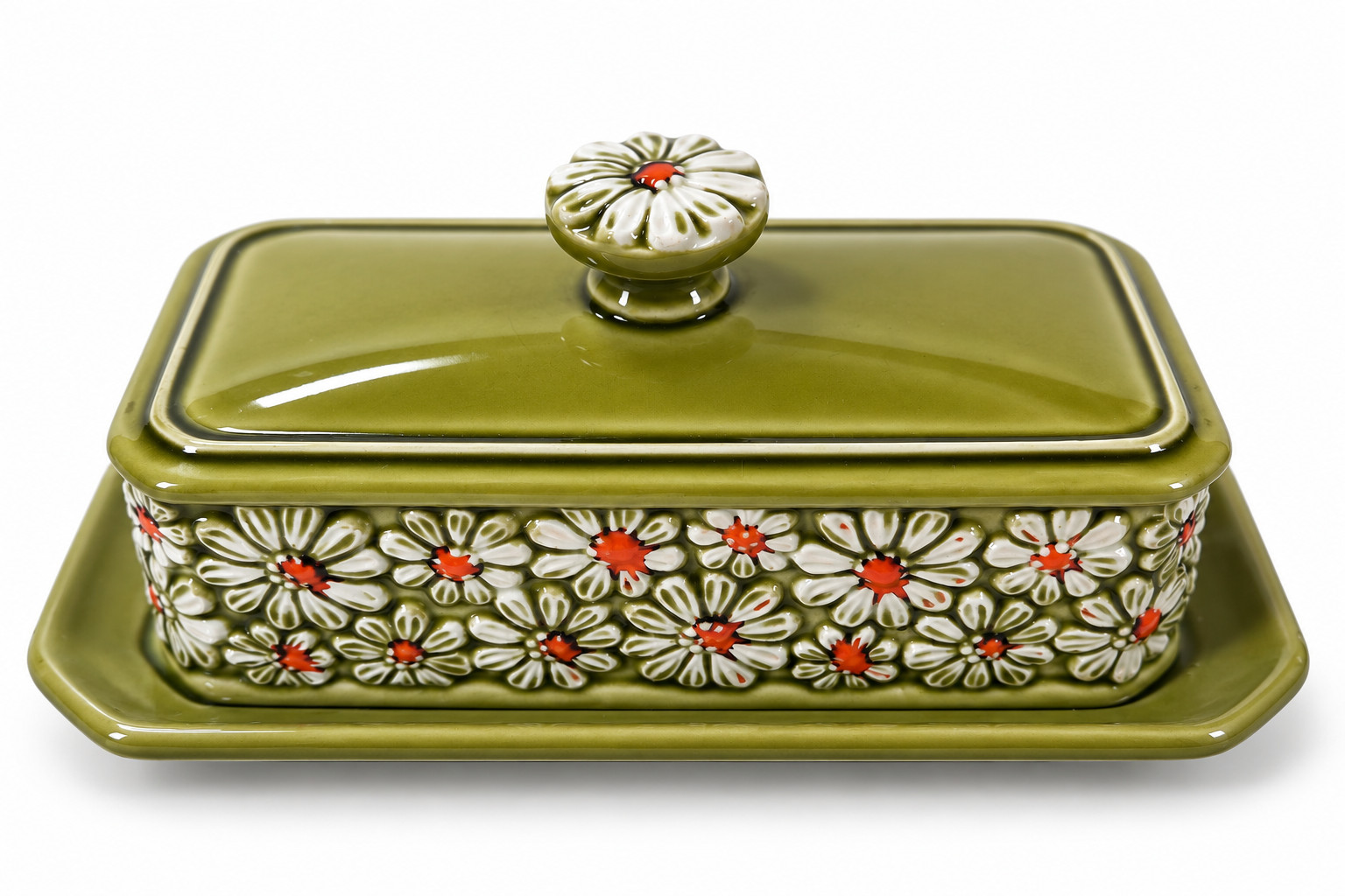 Vintage Brinn\'s Japan Butter Dish Avocado Green Daisy Floral T-1936 1970s