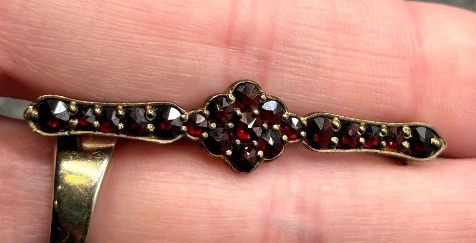 Vintage Bohemian Garnet Vermeil 900 Silver Bar Brooch Rose Cut Victorian Antique