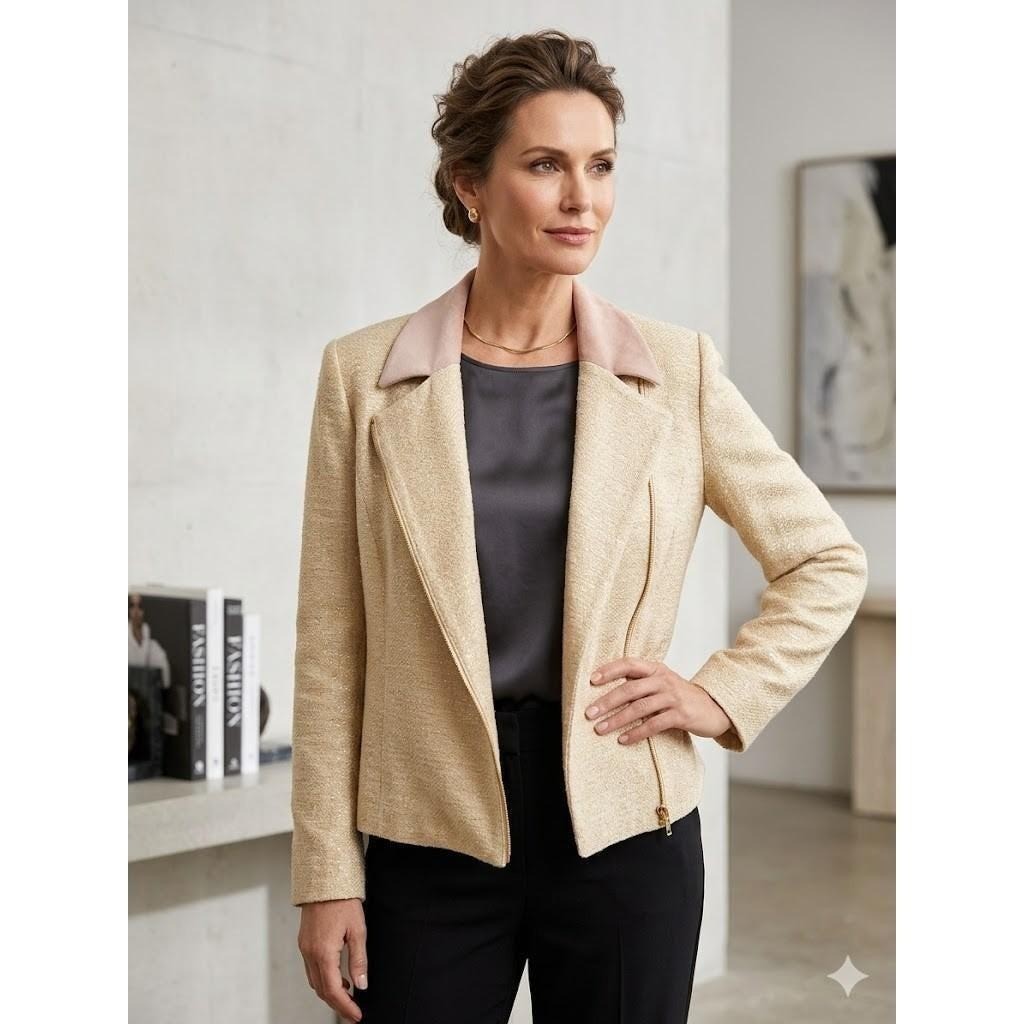 St. John Cream Metallic Knit Moto Jacket Pink Contrast Collar Gold Zip Blazer 14