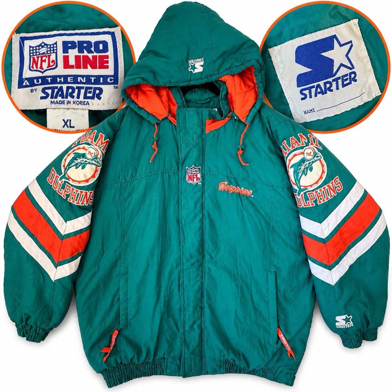 Vintage 90s Miami Dolphins Starter Pro Line Jacket XL NFL Hooded Puffer Teal