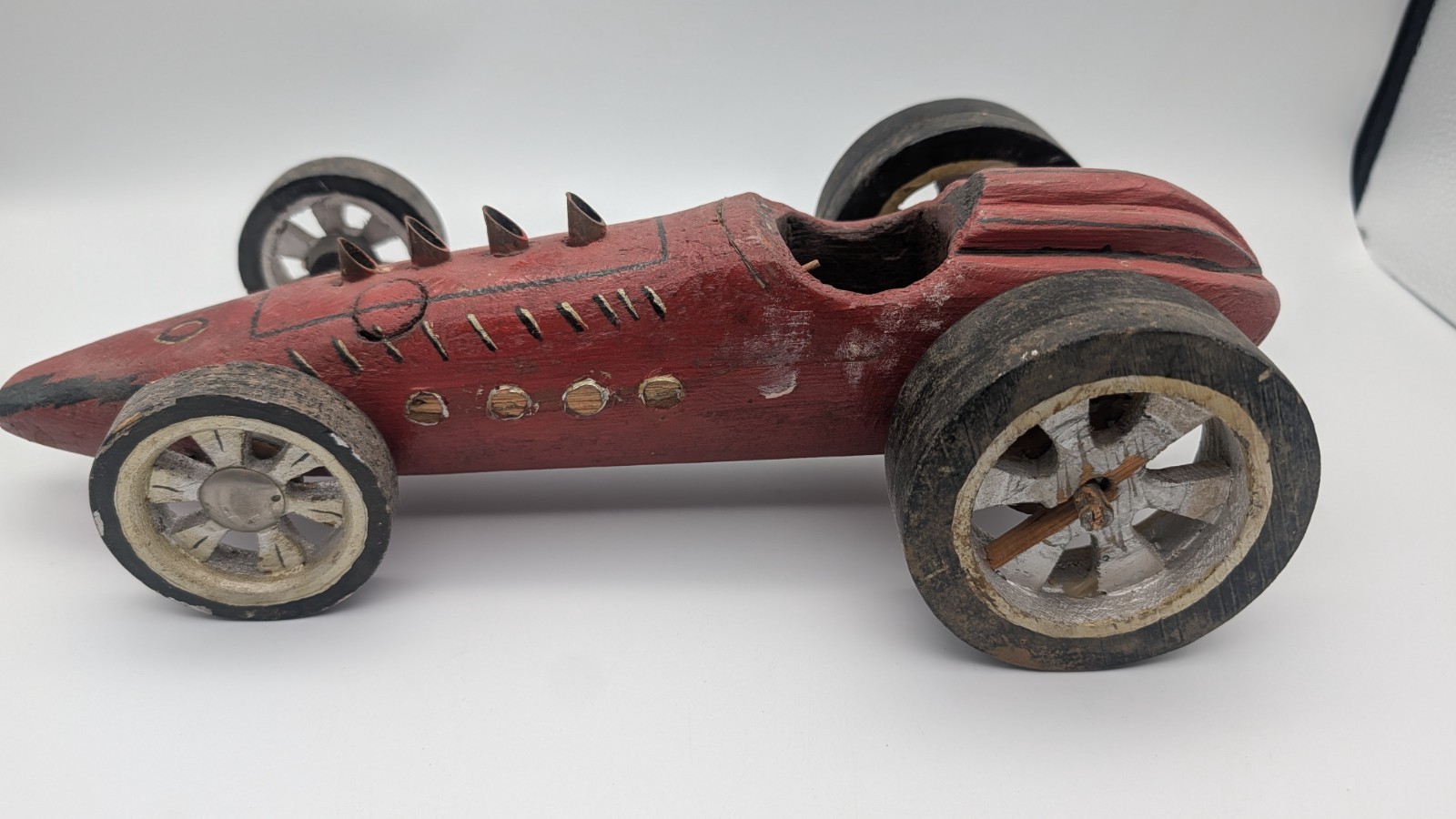 Vintage Handmade Wooden Toy Race Car Folk Art Red #10 Carved 11in AS-IS