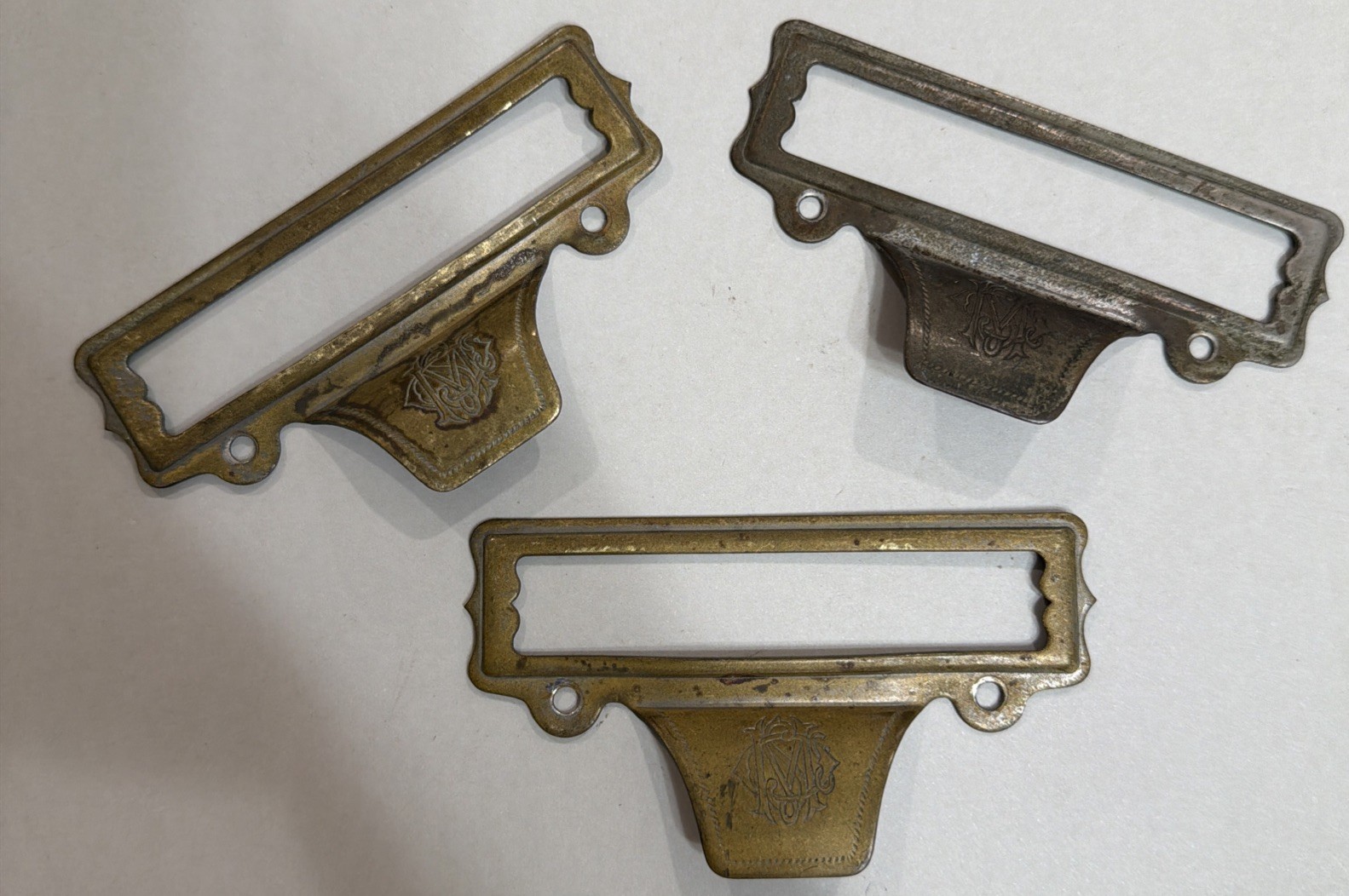 3 “Macey System” Stamped Brass Scoop Finger Pulls Rare “MS” Monogram Antique 3 “Macey System” Stamped Brass Scoop Finger Pulls Rare “MS” Monogram Antique