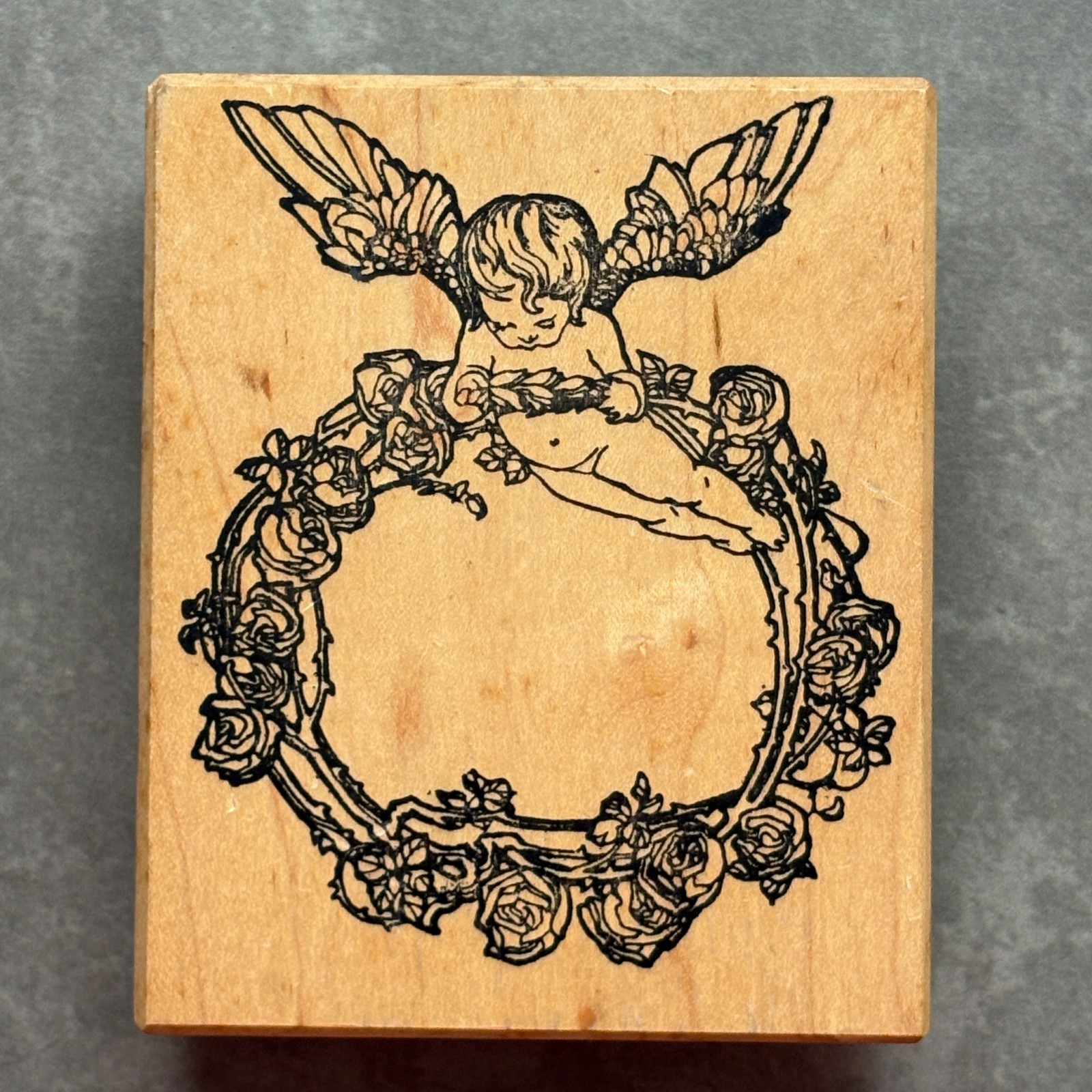 Creations Unlimited Cherub Rose Wreath Ex Libris Rubber Stamp Bookplate Vtg 1995