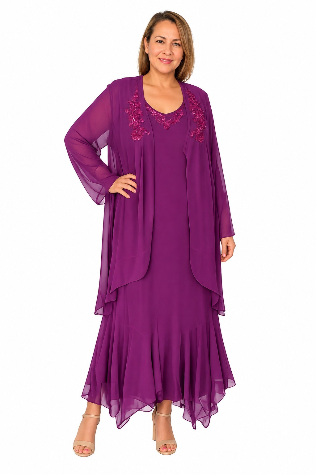 Roaman\'s 2 Pc Dress & Sheer Jacket Set 38W Purple Sequin Embroidered Plus Size
