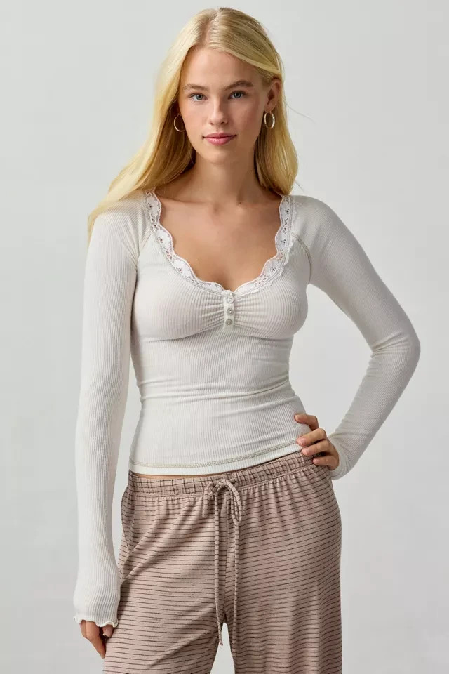 Urban Outfitters Out From Under Diana Layering Lace-trim Henley Top Ivory XL New Urban Outfitters Out From Under Diana Layering Lace-trim Henley Top Ivory XL New
