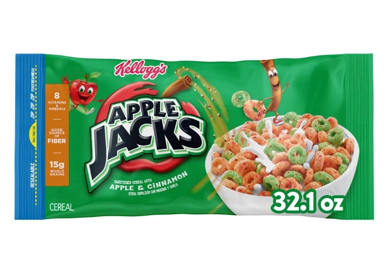 Kellogg\'s Apple Jacks Breakfast Cereal, Good Source of Fiber Bag, 32.1 oz