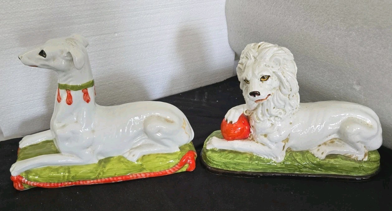 Pair Vintage Italian Ceramic Greyhound Lion Hollywood Regency Staffordshire...