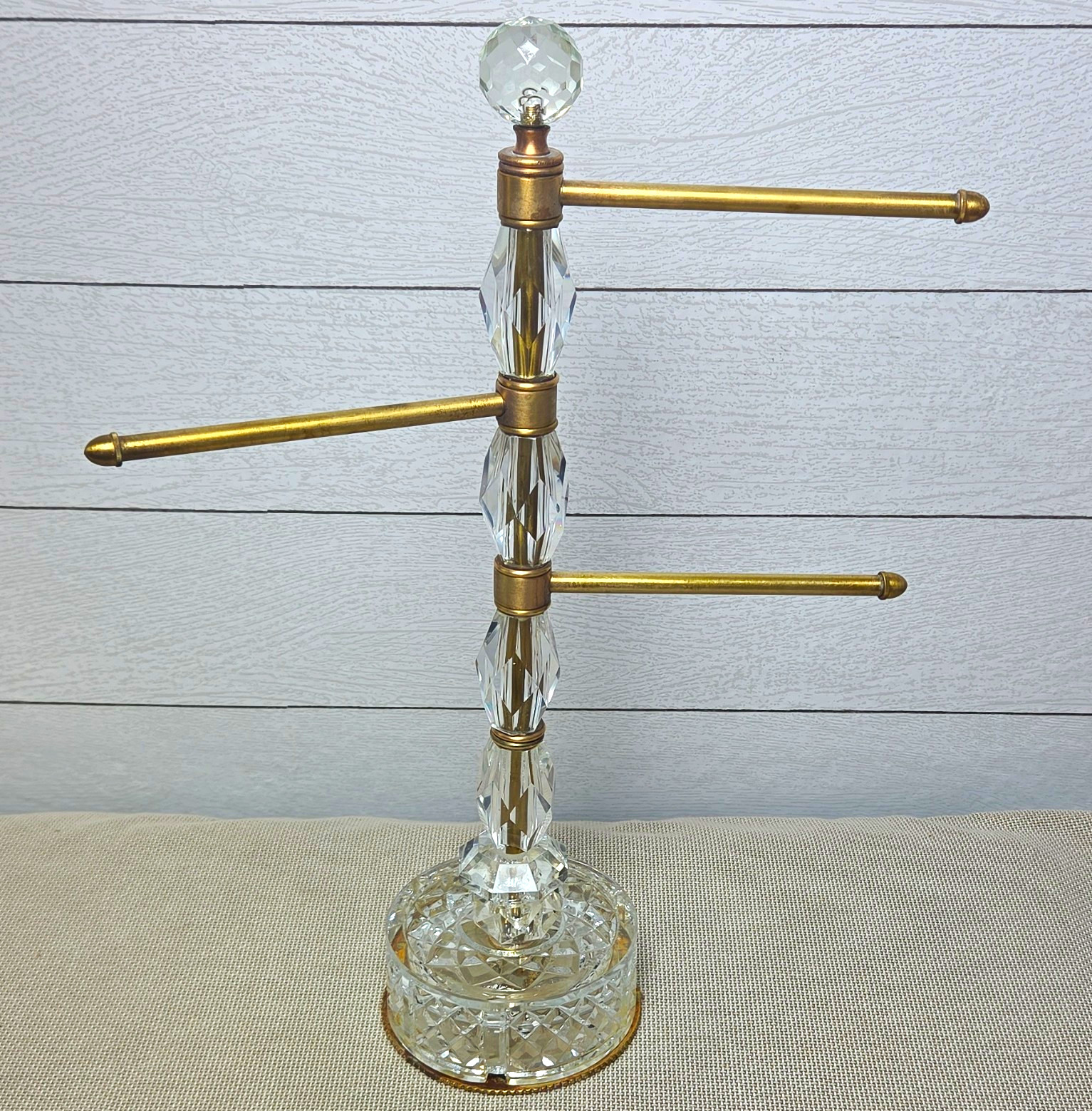 Vintage Hollywood Regency Brass Crystal 3 Arm Vanity Towel Stand Jewelry Tree