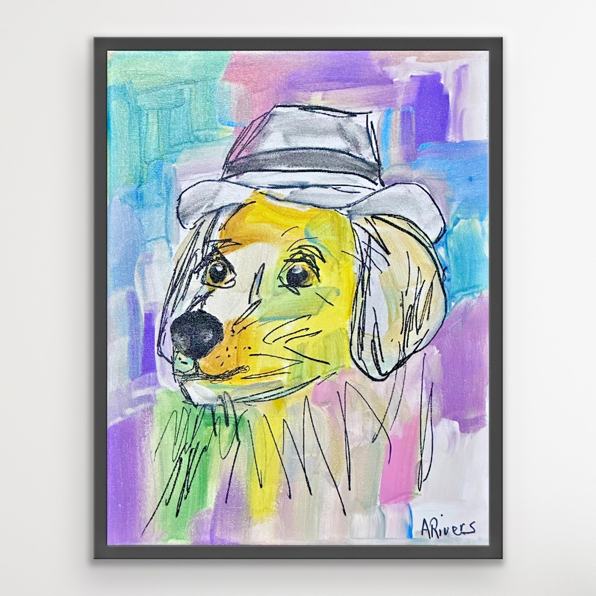 ARivers Modern Art Gentleman Woof Painting 14x11 Signed Canvas Original Decor
