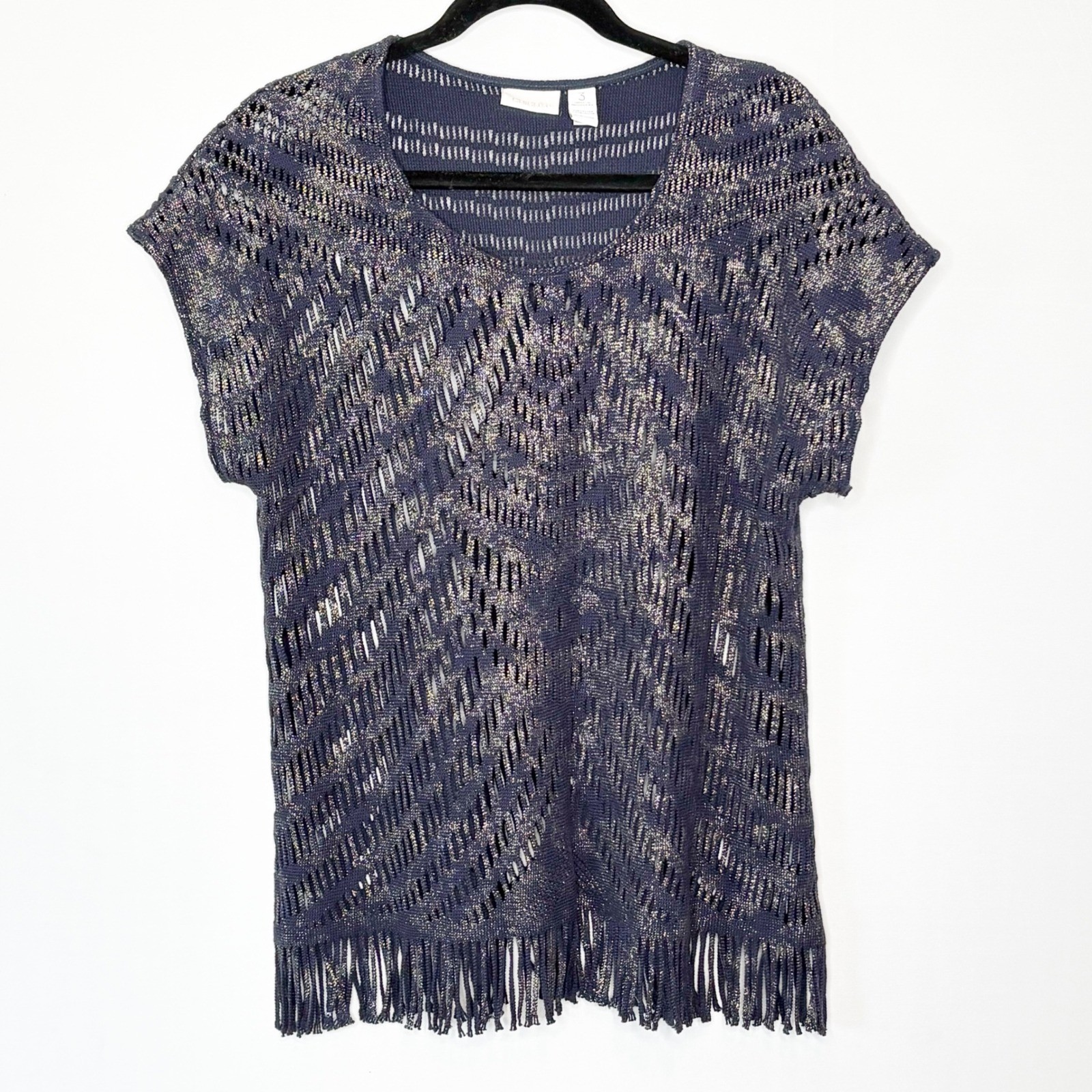 Chicos Navy Blue Gold Metallic Open Knit Fringe Hem Top Size 3/XL Boho Western