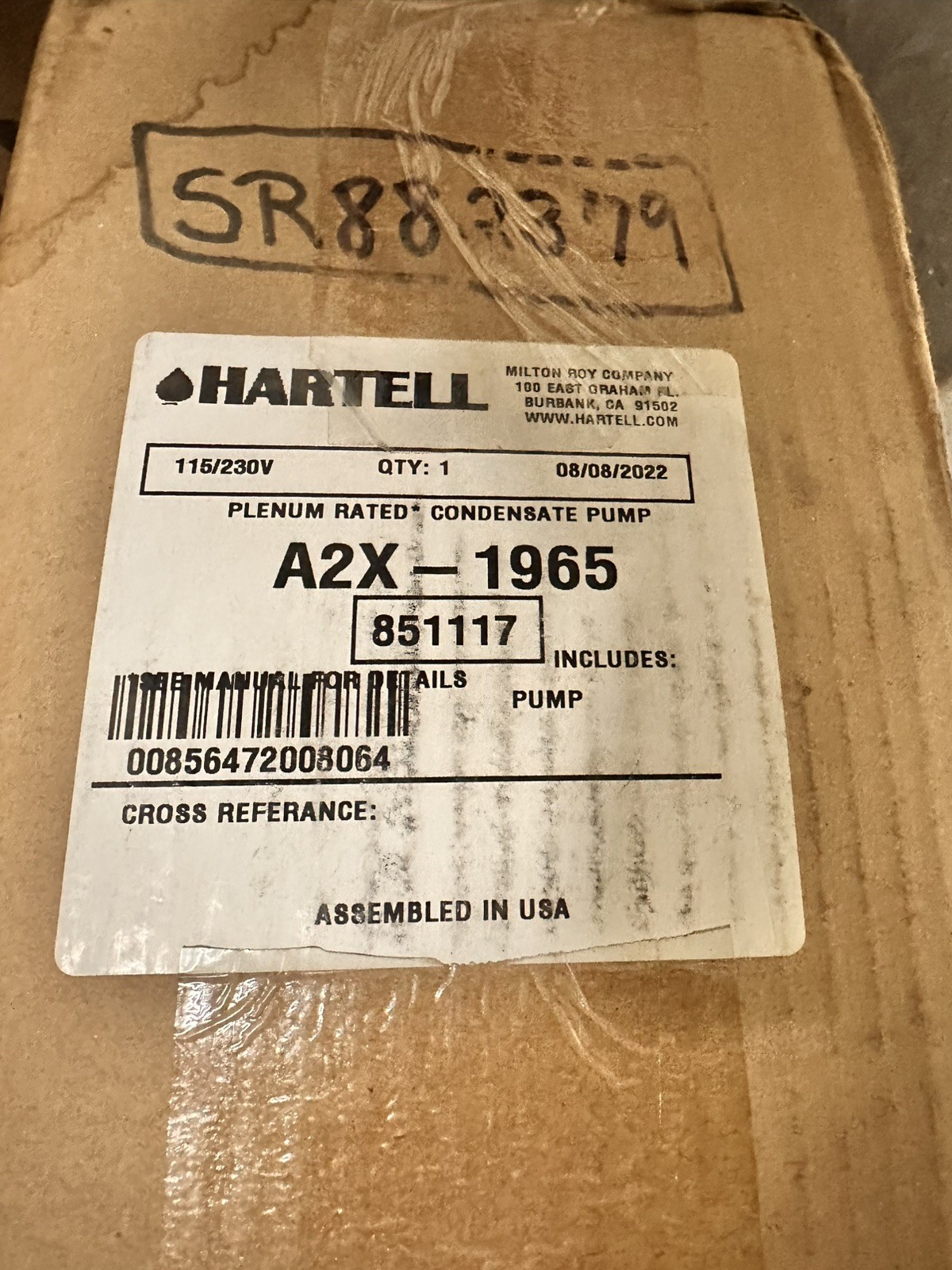 Hartell Milton Roy A2-X-1965 DV, 851117, Plenum Rated Condensate Pump, BRAND NEW Hartell Milton Roy A2-X-1965 DV, 851117, Plenum Rated Condensate Pump, BRAND NEW