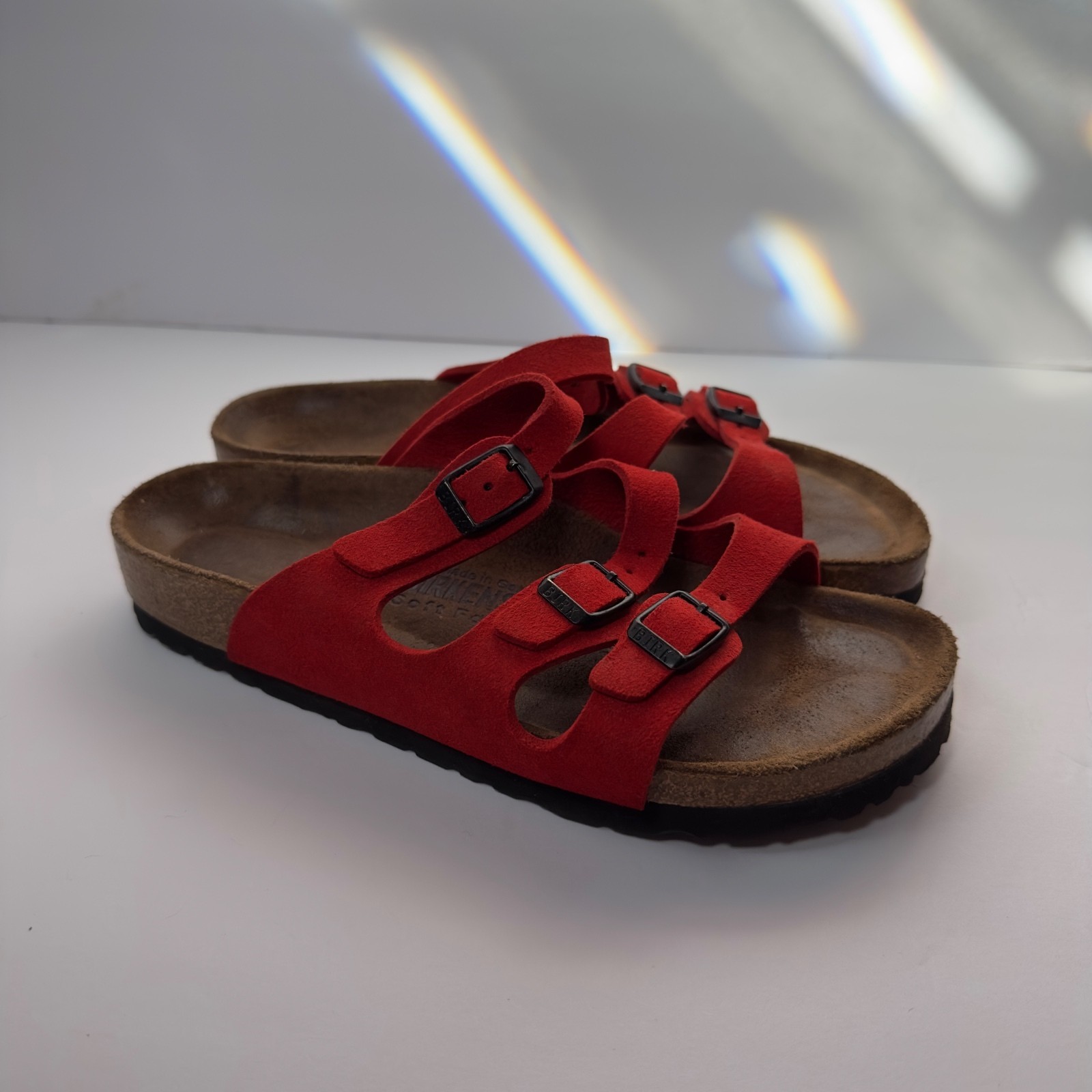 Birkenstock Florida triple-strap red sandals buckles cork footbeds in size 36
