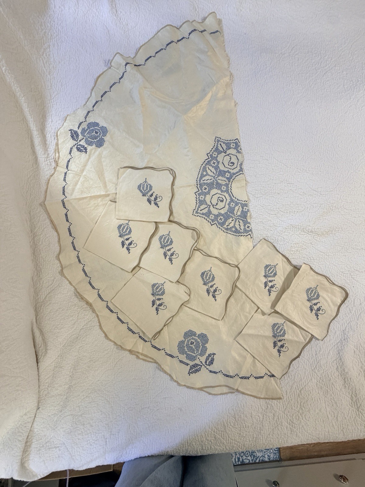 Vintage Blue White Cross Stitch Tablecloth & Napkins SetBring timeless charm