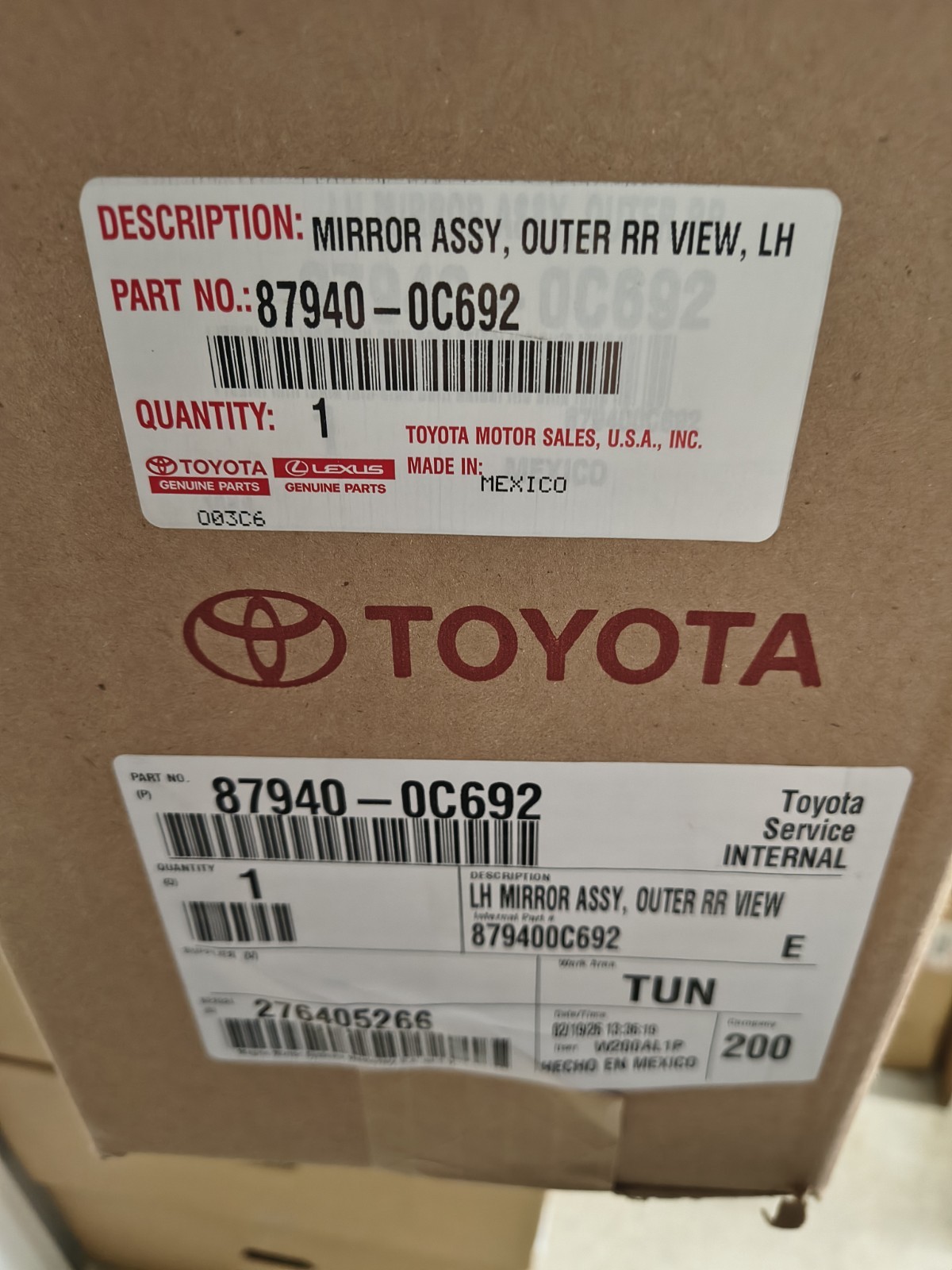 87940-0C692 OEM *Brand New* 22-26 Tundra/23-25 Sequoia Left Mirror (Driver)