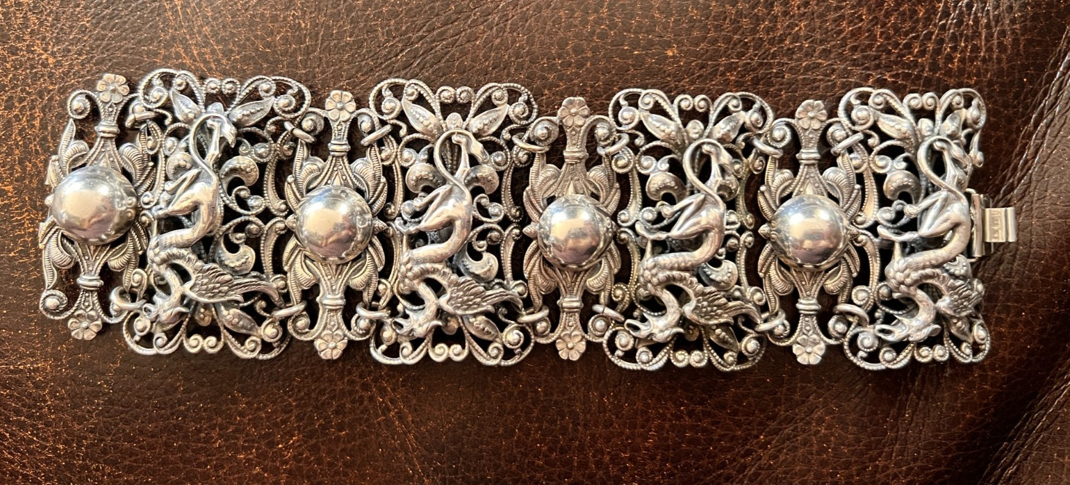 Vintage Napier Pat Pend Silver Tone Dragon Griffin Wide Panel Bracelet