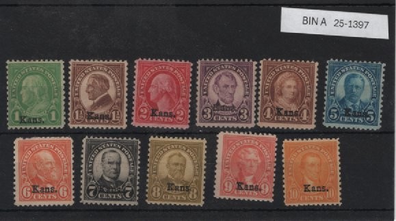 1929 KANSAS OVERPRINTS STAMPS 658/668 FULL SET OF 11 MINT/LH