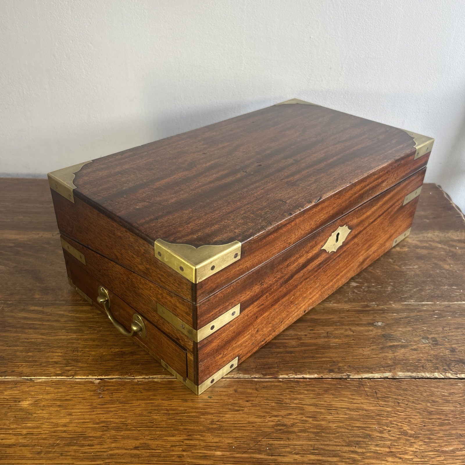 Large Antique  Campaign Writing Slope Box Lap Desk With Drawer No Key