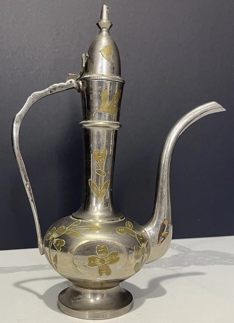 Vintage Indian Etched Silver Tone and Brass Floral Ewer Teapot Vintage Indian Etched Silver Tone and Brass Floral Ewer Teapot