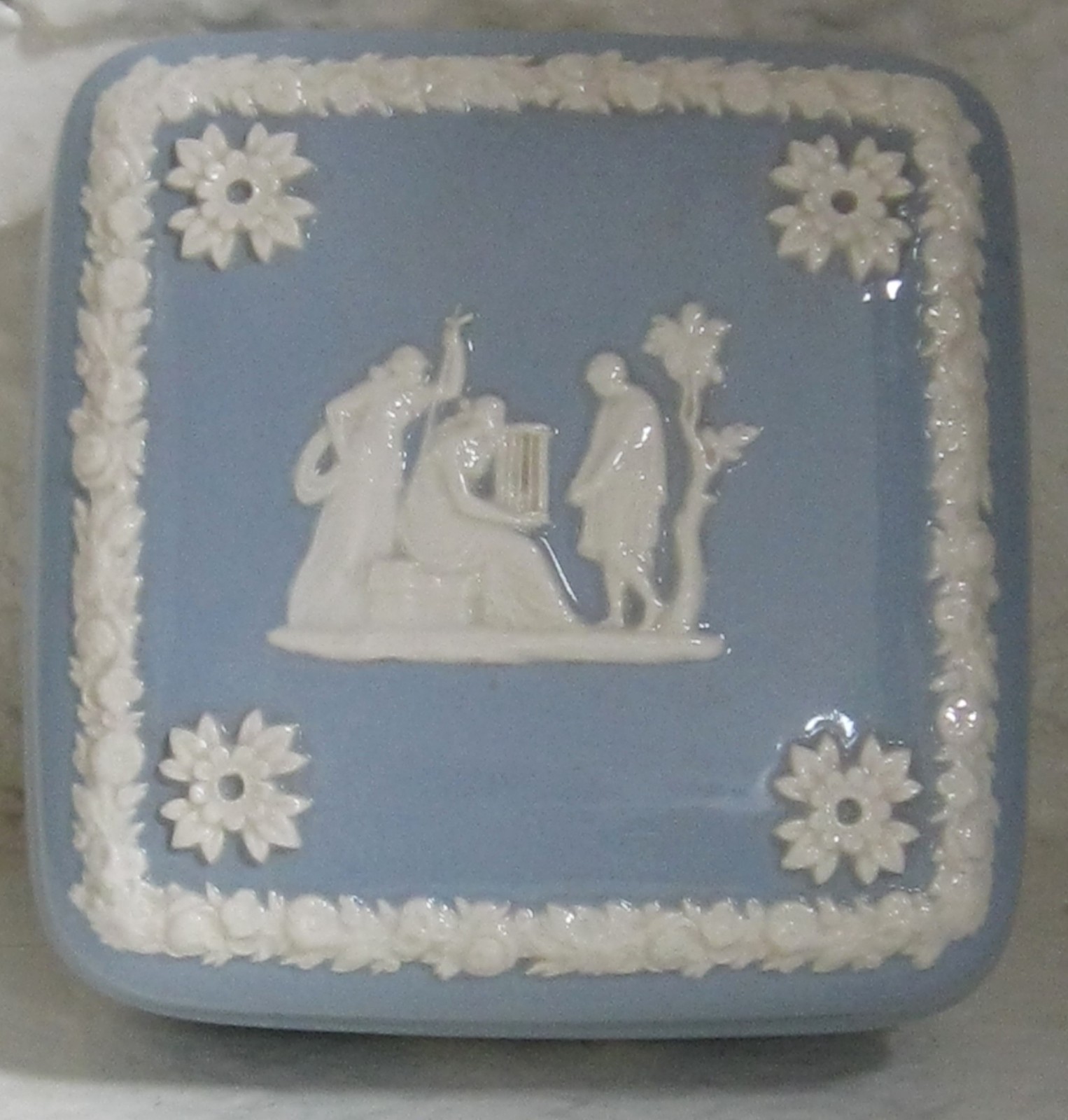 Glazed Wedgwood Blue Embossed Queen\'s Ware Square Trinket Box 4\