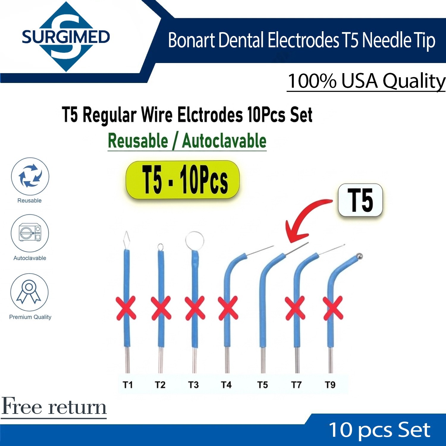 10Pcs Bonart ART-E1 Blue Style T5 Regular Wire Electrodes Dental Tips - USA