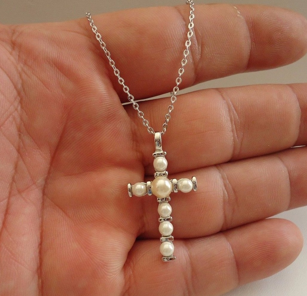 925 STERLING SILVER PEARL CROSS NECKLACE  PENDANT W/ WHITE PEARLS/ 18 INCH