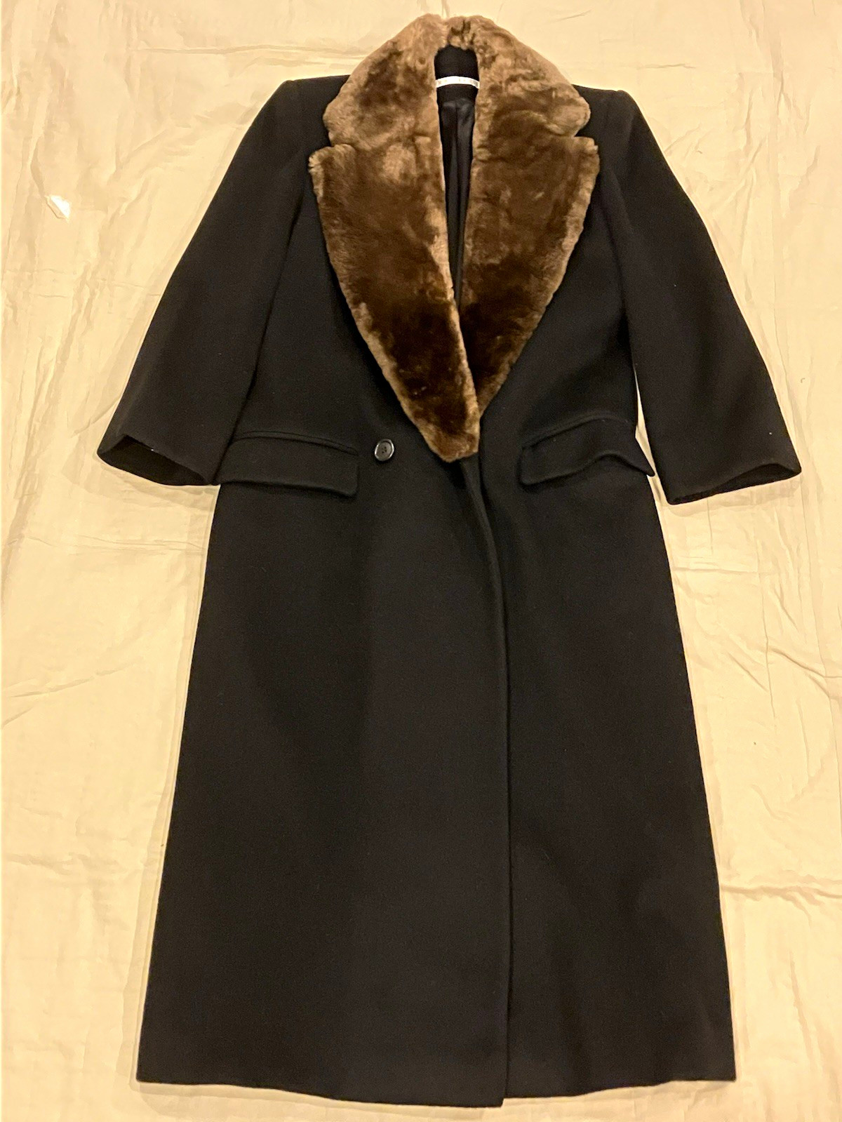 Vtg 80s PERRY ELLIS Bonwit Teller Wool Coat REAL FUR Collar Ladies Small 4-6