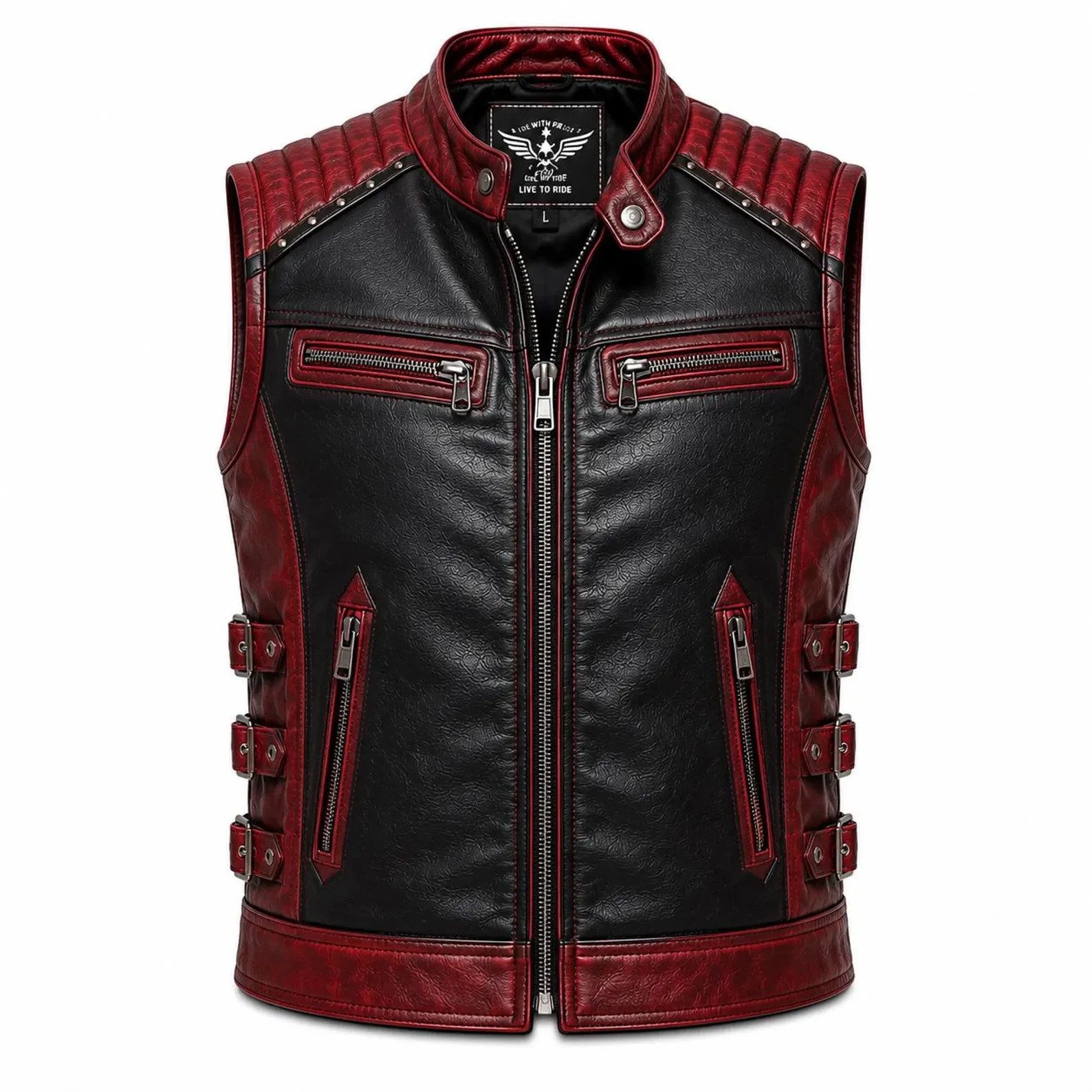 Red & Black Genuine Leather Motorcycle Vest for Men – Premium Biker Riding Vest