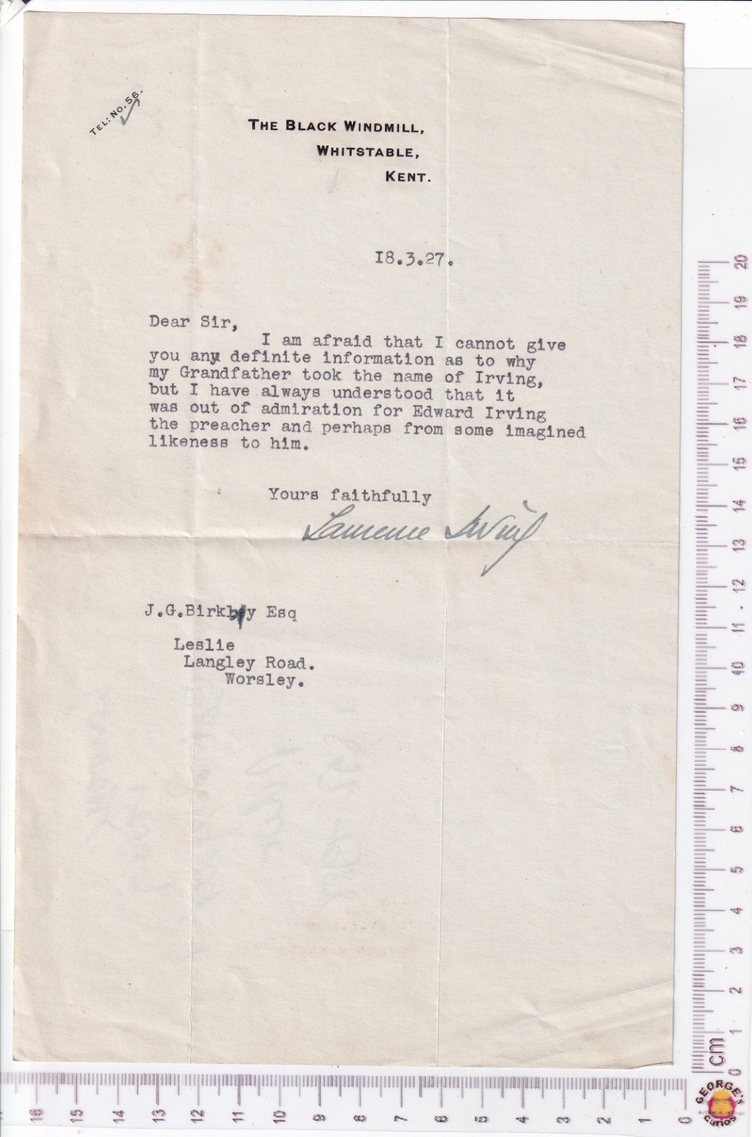 Laurence Irving Actor Dramatist Son Henry TLS 1927 re Grandfather Surname Origin