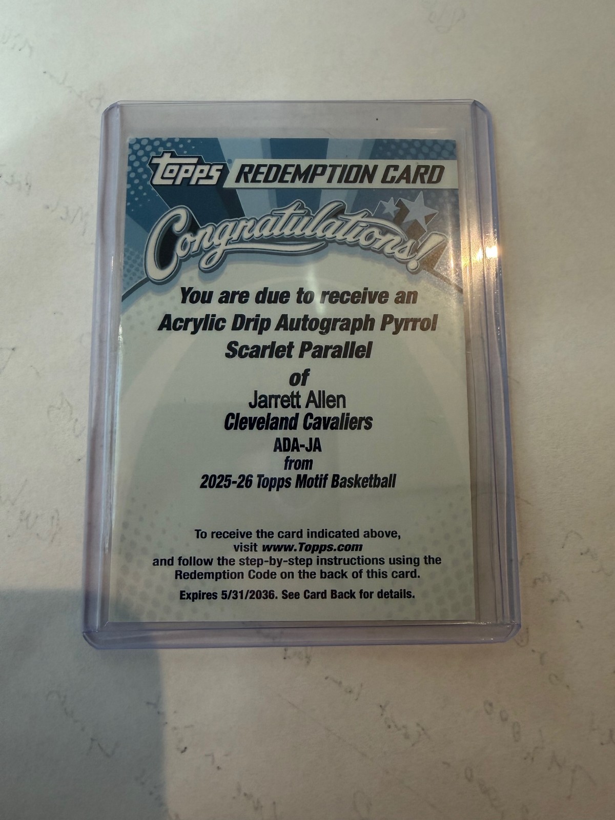2025-2026 Topps Motif Acrylic Drop Auto Pyrrol Scarlet Jarrett Allen 2025-2026 Topps Motif Acrylic Drop Auto Pyrrol Scarlet Jarrett Allen