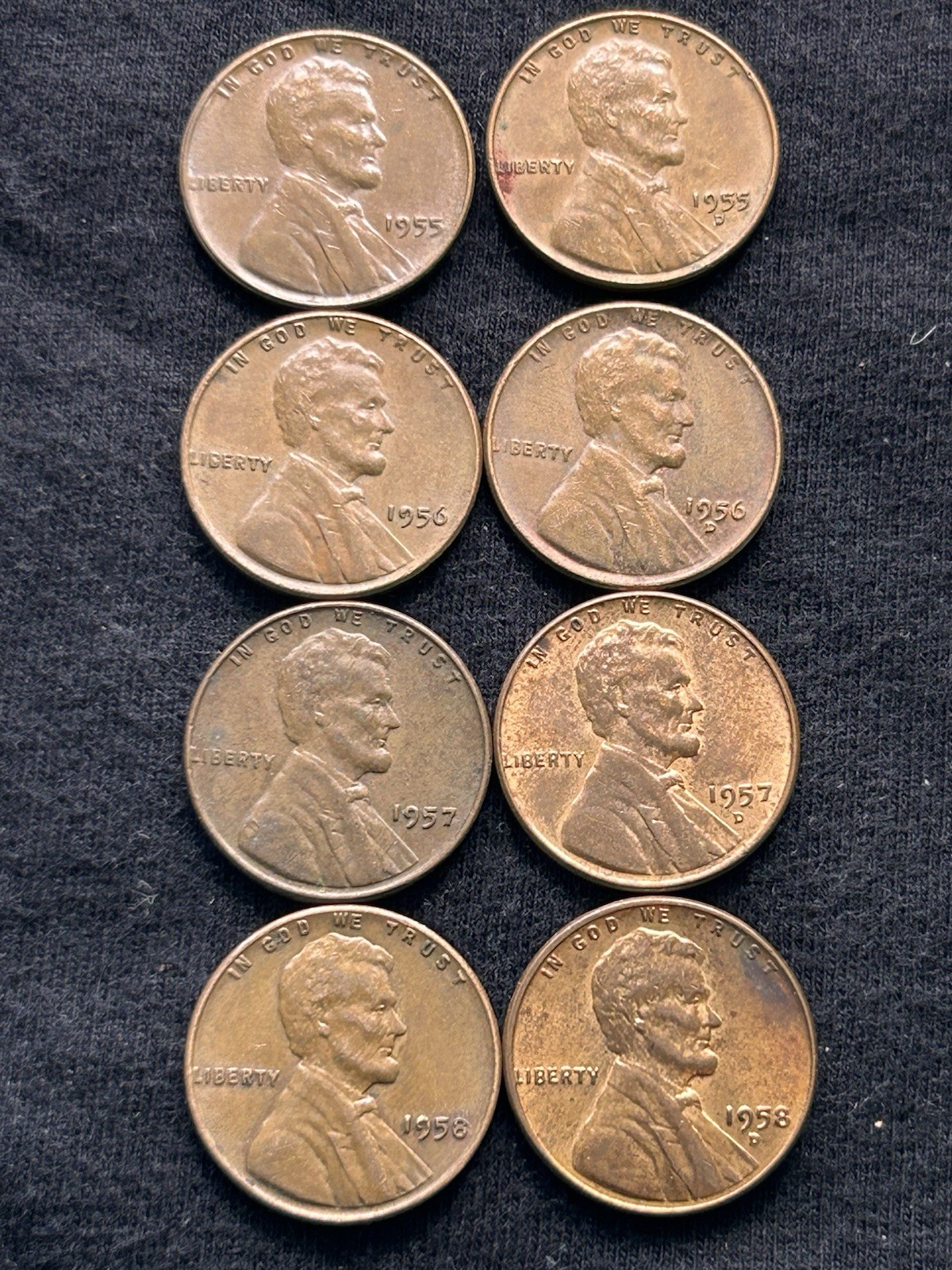 1955 P & D, 1956 P & D, 1957 P & D, 1958 P & D Lincoln Cents 8 Coin Set