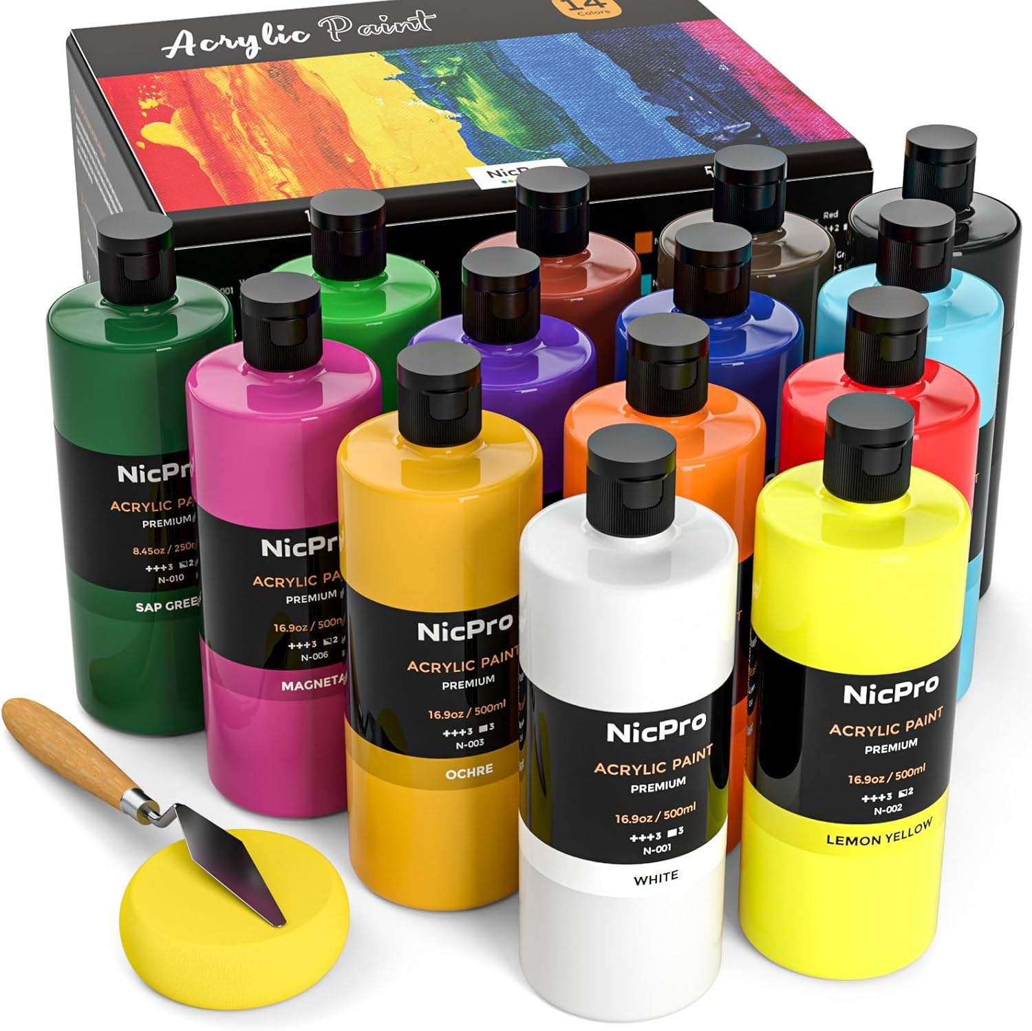 Set de 14 pinturas acrílicas Nicpro 500 ml, no tóxicas, para múltiples superfici Set de 14 pinturas acrílicas Nicpro 500 ml, no tóxicas, para múltiples superfici