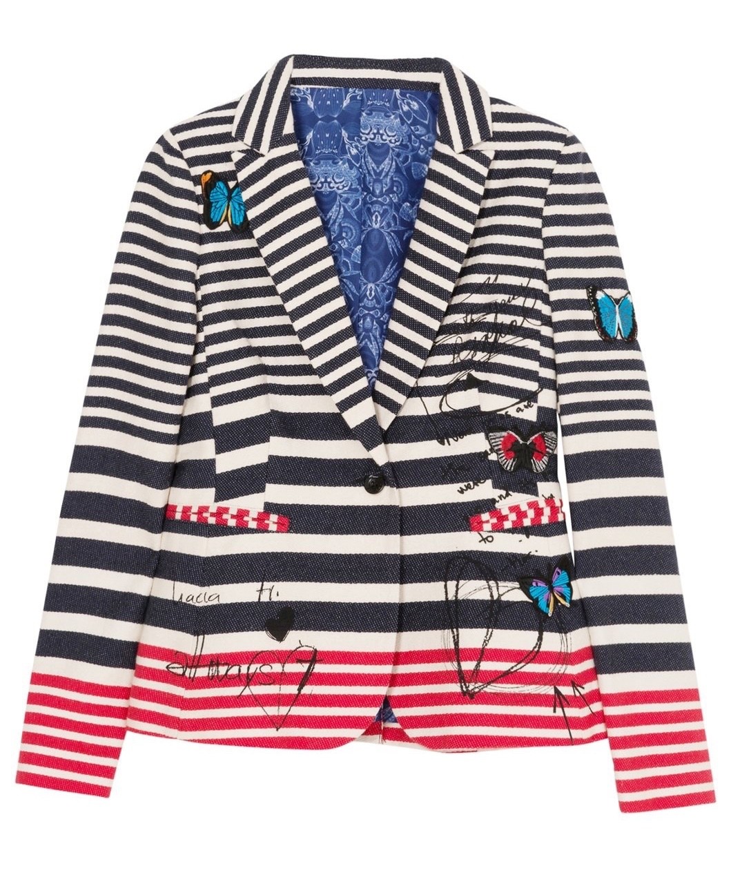 $298 DESIGUAL Red White Blue Stripe Cotton Embroidered Jacket Blazer 4 US 36 IT