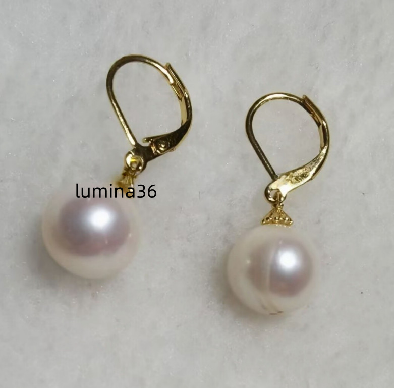 GENUINE AAA 11-12mm South Sea White Baroque Pearl Earrings 14K YELLOW GOLD