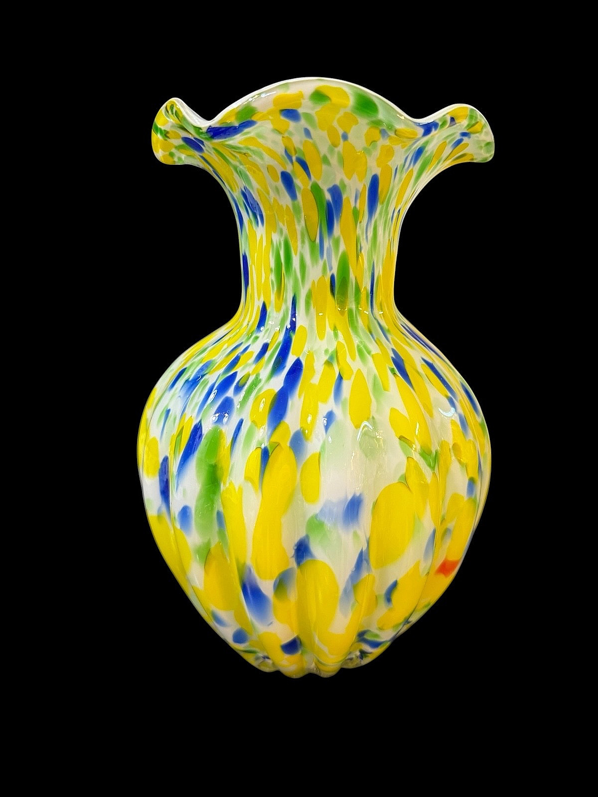 VINTAGE MURANO GLASS VASE RUFFLED RIM SPATTER MACCHIA YELLOW BLUE GREEN 1970S