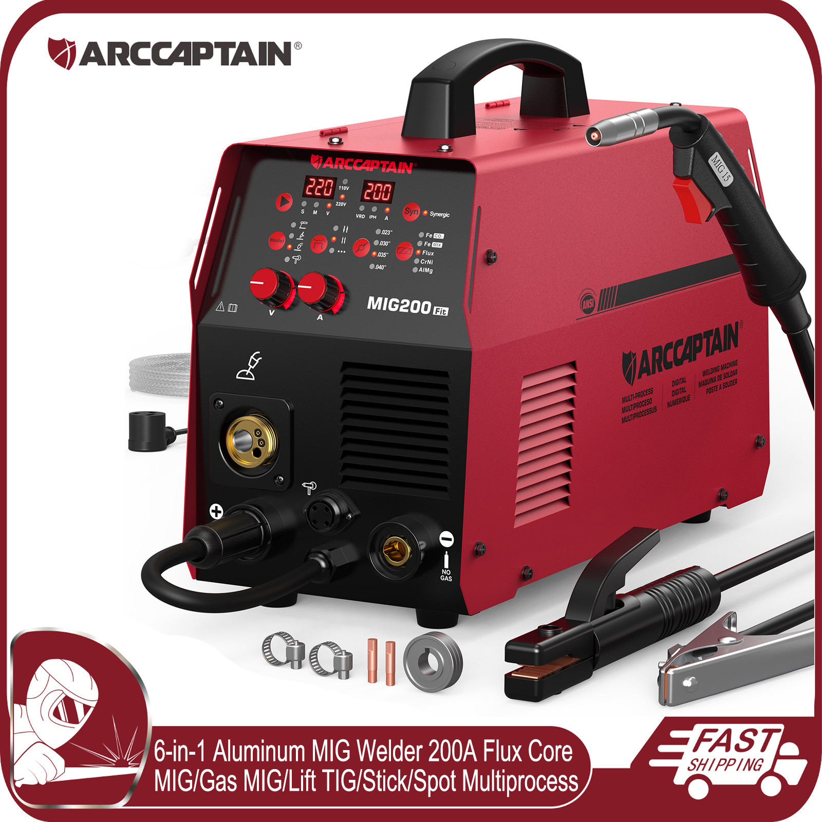 ARCCAPTAIN 200A Aluminum MIG Welder 6 in 1 Flux Core MIG/Gas MIG/Lift TIG/Stick