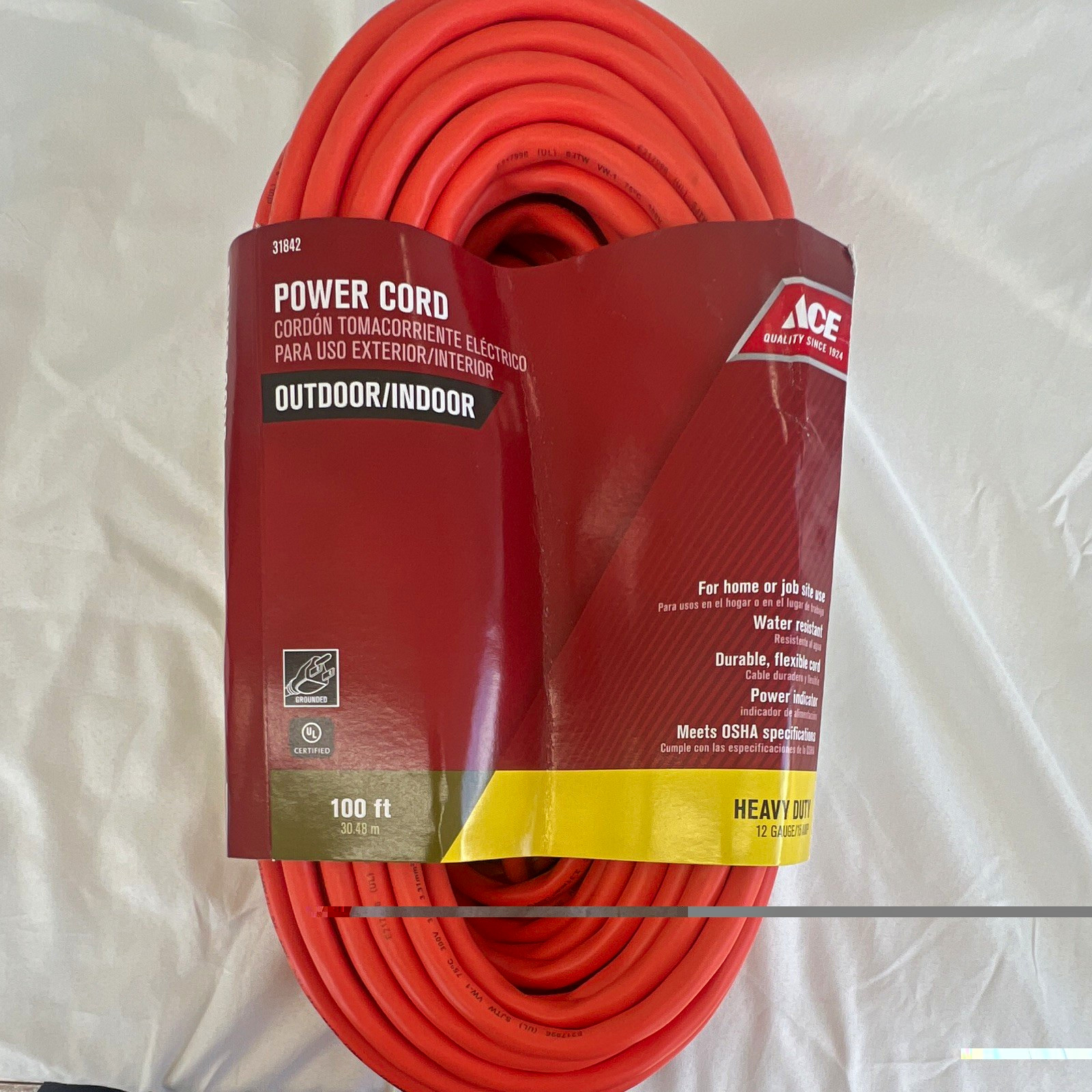 ACE Heavy Duty Water Resistant Indoor/Outdoor Power Cord 100 ft 12 GA Orange
