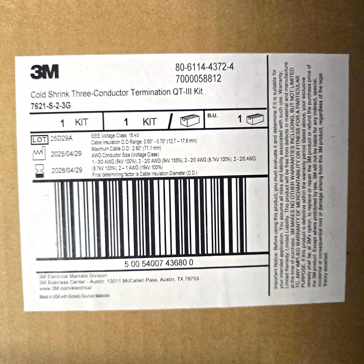 3M Cold Shrink Three-Conductor Termination QT-III Kit 7621-S-2-3G 7000058812 3M Cold Shrink Three-Conductor Termination QT-III Kit 7621-S-2-3G 7000058812