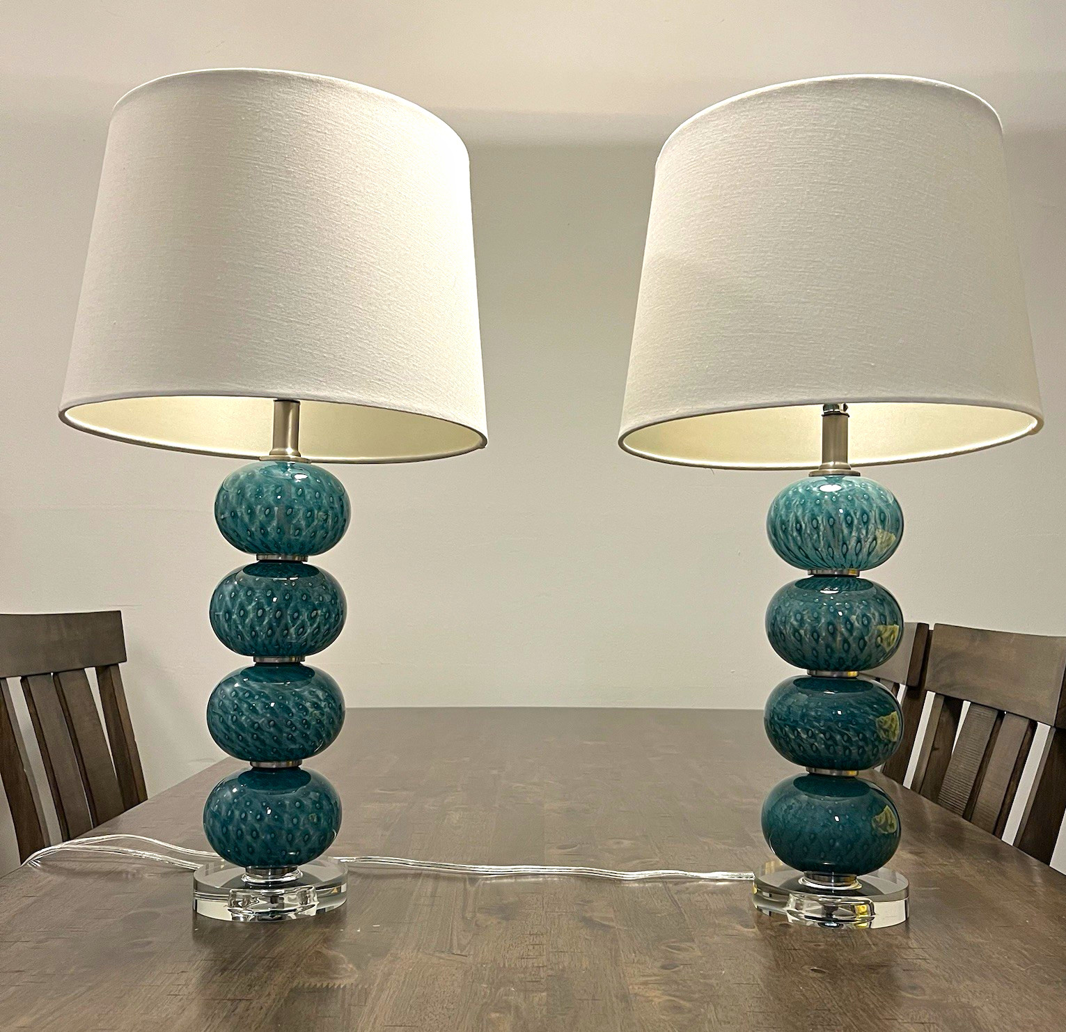 Pair of Vintage Murano-Style Teal Blown Glass Stacked Ball Table Lamps