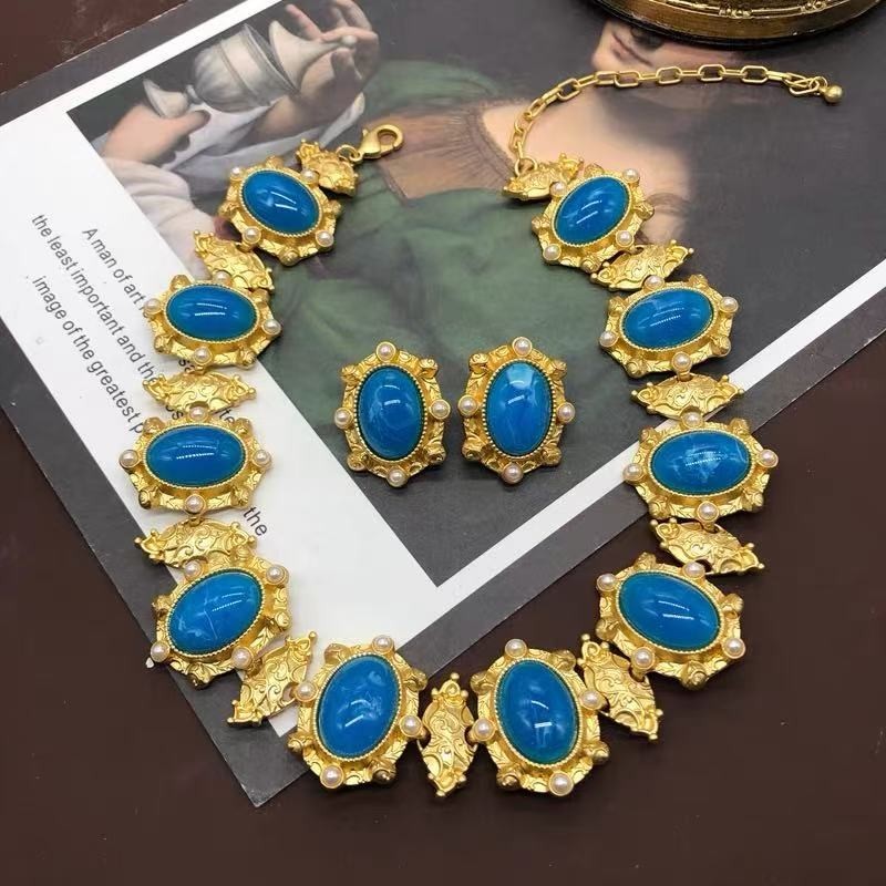Blue Cabochon Necklace Earrings Set Gold Pearl Vintage Style Jewelry Women