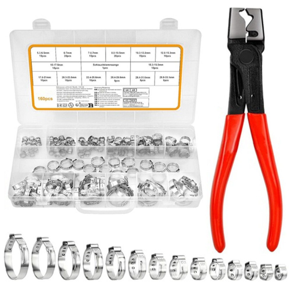 304 Stainless Steel Single Ear Hose Clamps 160 PCS Kit with Pincers Universal 304 Stainless Steel Single Ear Hose Clamps 160 PCS Kit with Pincers Universal
