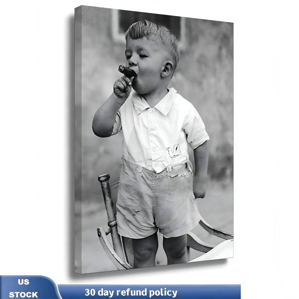 Vintage Photo Poster, Little Boy Smoking Cigar, HD Black White Canvas Art