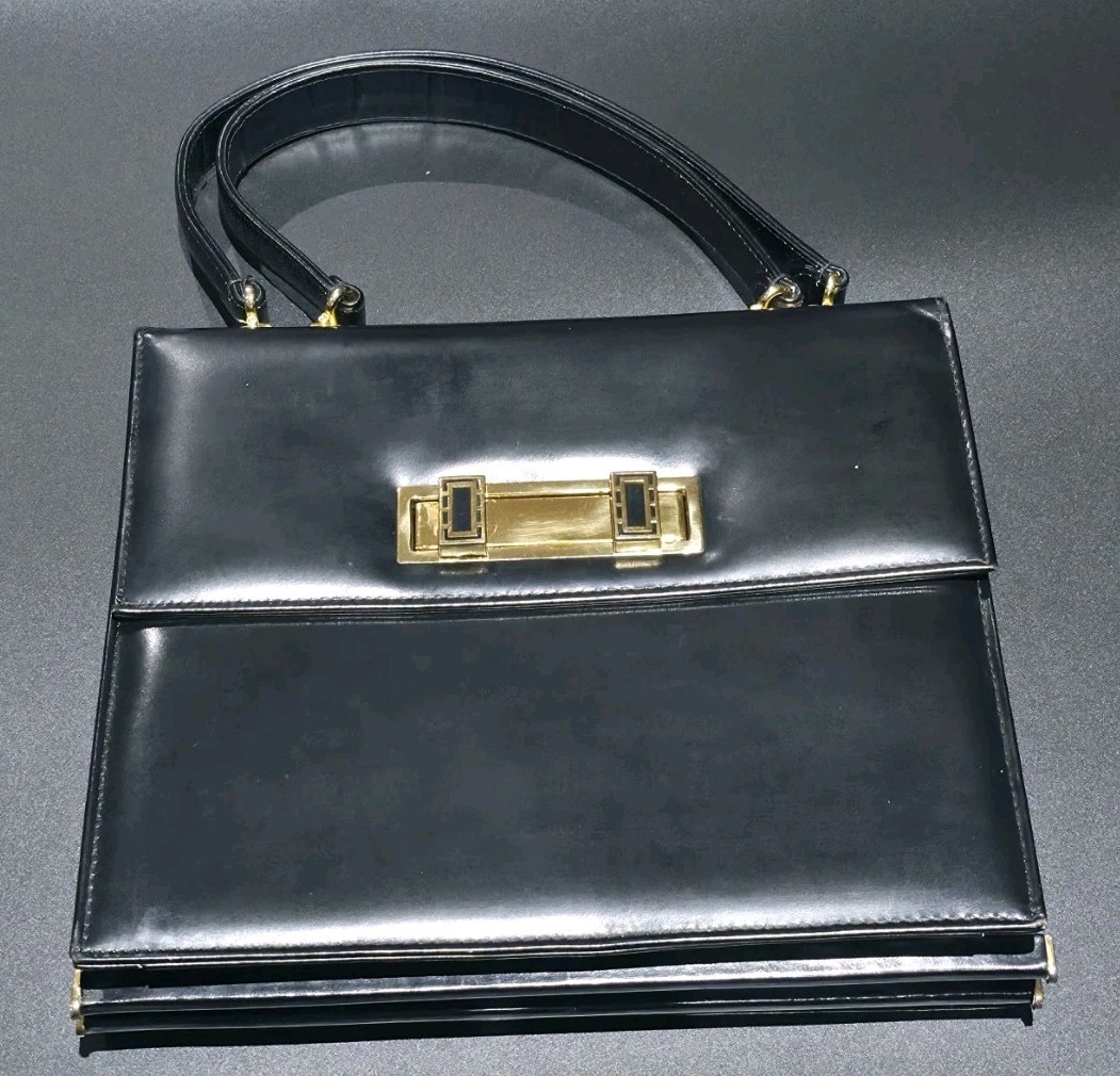Vintage Scuola del Cuoio Florence Italian Black Leather Accordion Handbag Bag