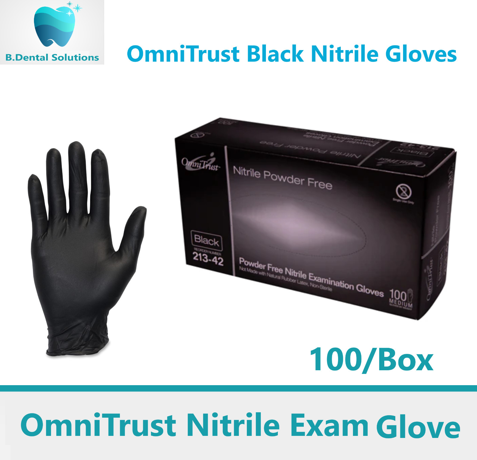 OMNITRUST NITRILE POWDER FREE EXAMINATION GLOVE 5.0g, Small, BLACK, 100/bx