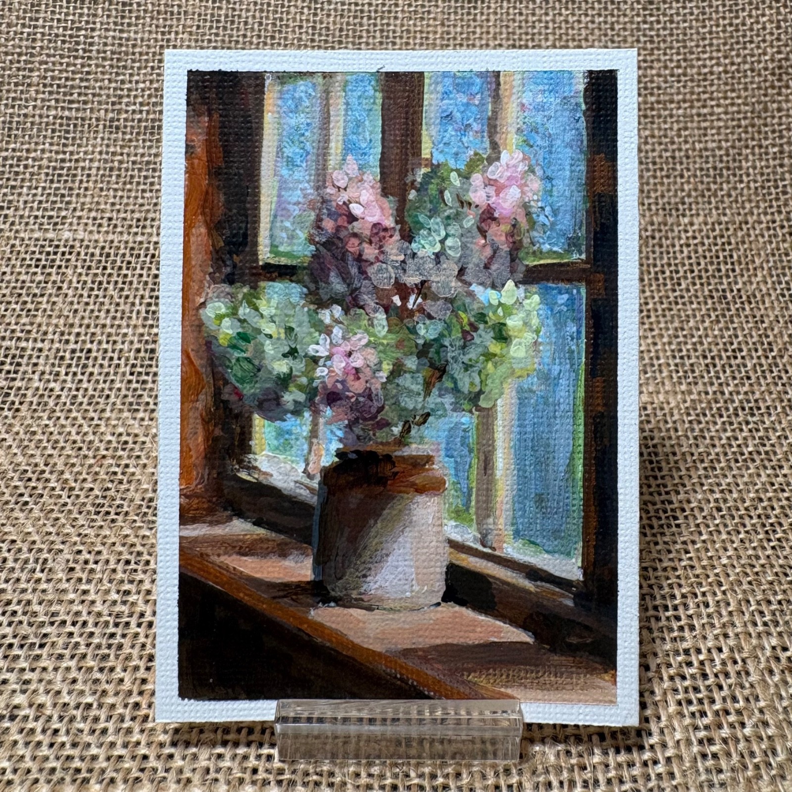 ACEO Original, Still Life, Dried Hydrangeas, Flowers, Window, Mini Painting, Art