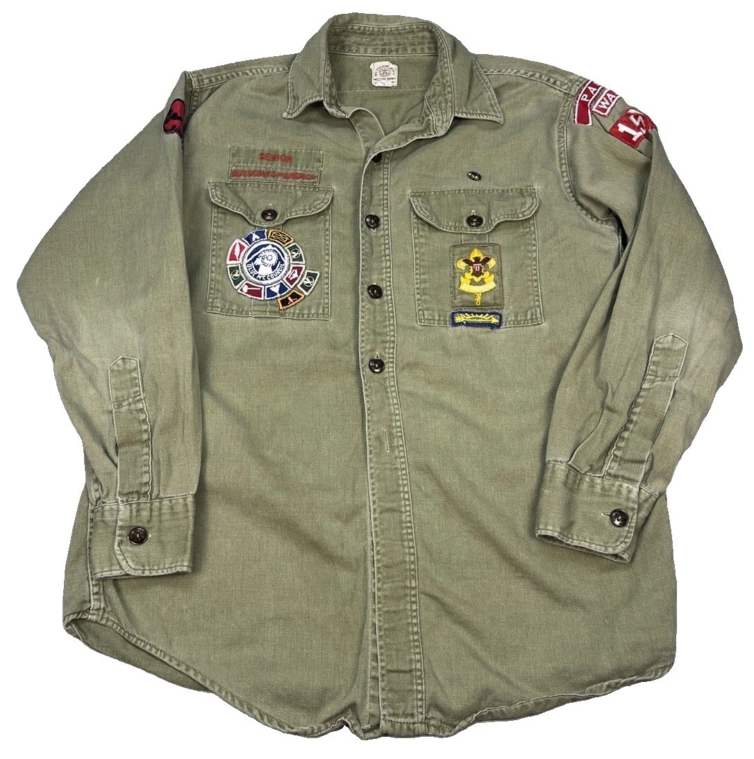 VTG 1950s 1960s BSA Boy Scouts Sanforized Uniform Shirt Olive Green Patches Sz M