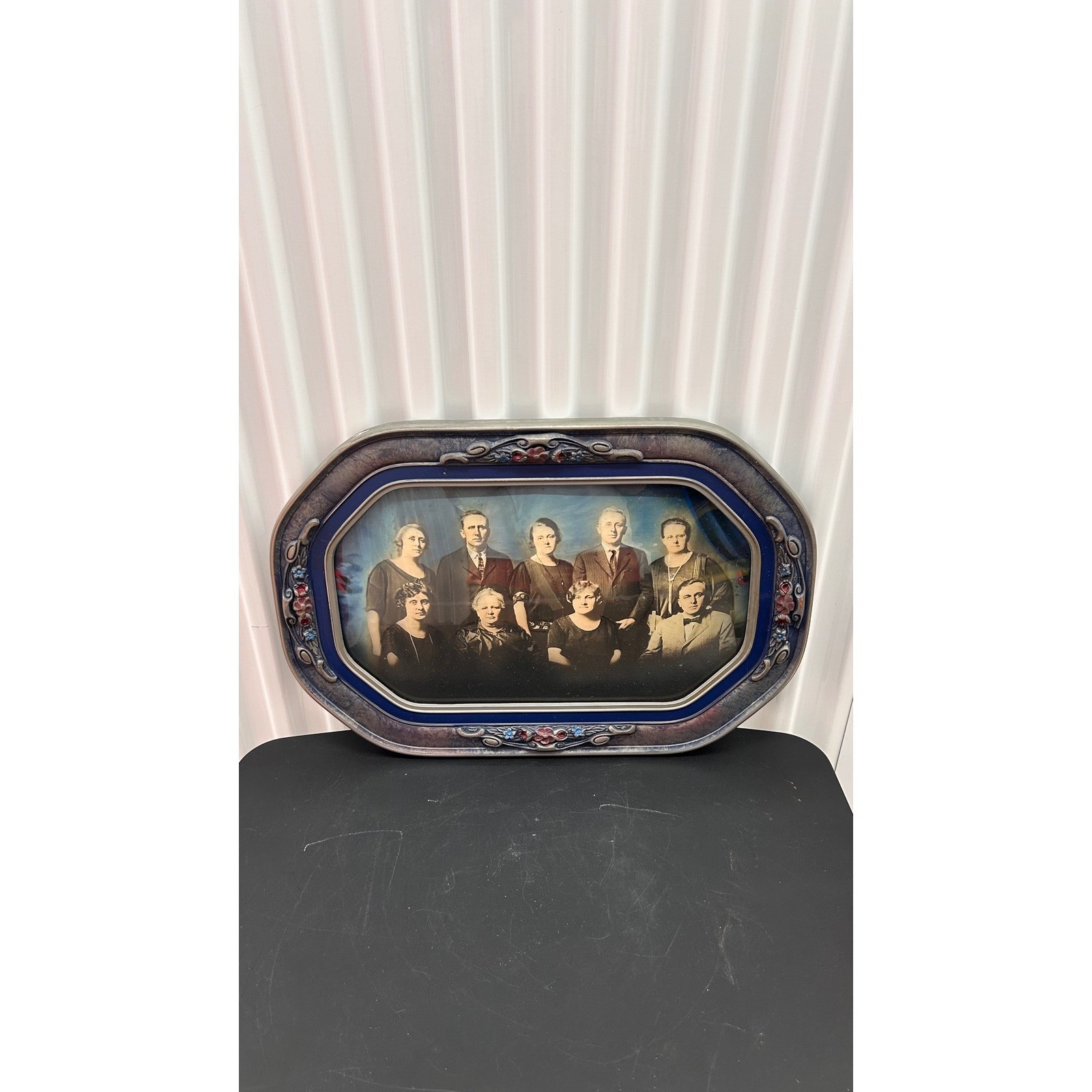 Antique Bubble Glass Hand Tinted Portrait Cobalt Blue Octagon Convex Frame 21x14