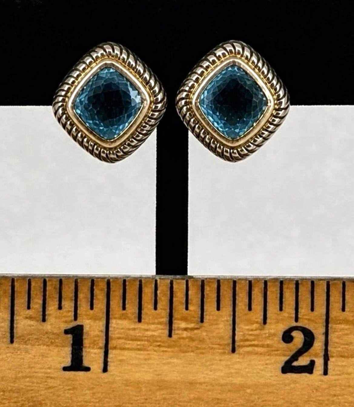 VTG Fili Menegatti Italy Blue Topaz 18K Bezel Sterling Silver 925 Stud Earrings