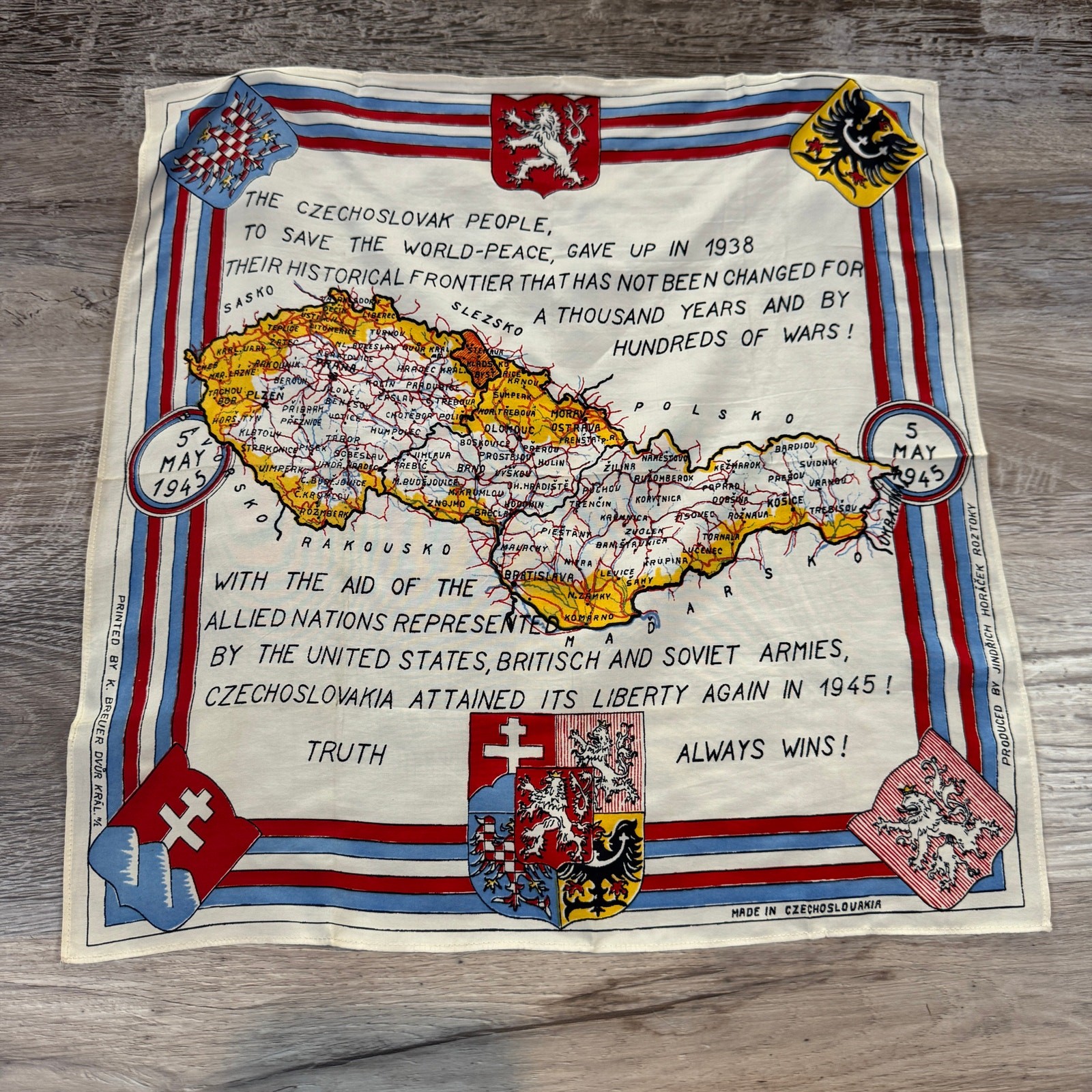 Vintage 1945 Czechoslovakia WWII Liberation Map Souvenir Handkerchief 14.5\